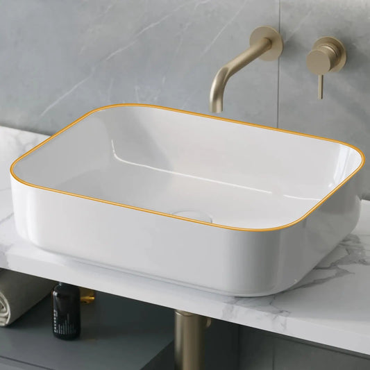 Capacity Gold Rim Rectangular Ceramic Vessel Sink Above Counter Bathroom