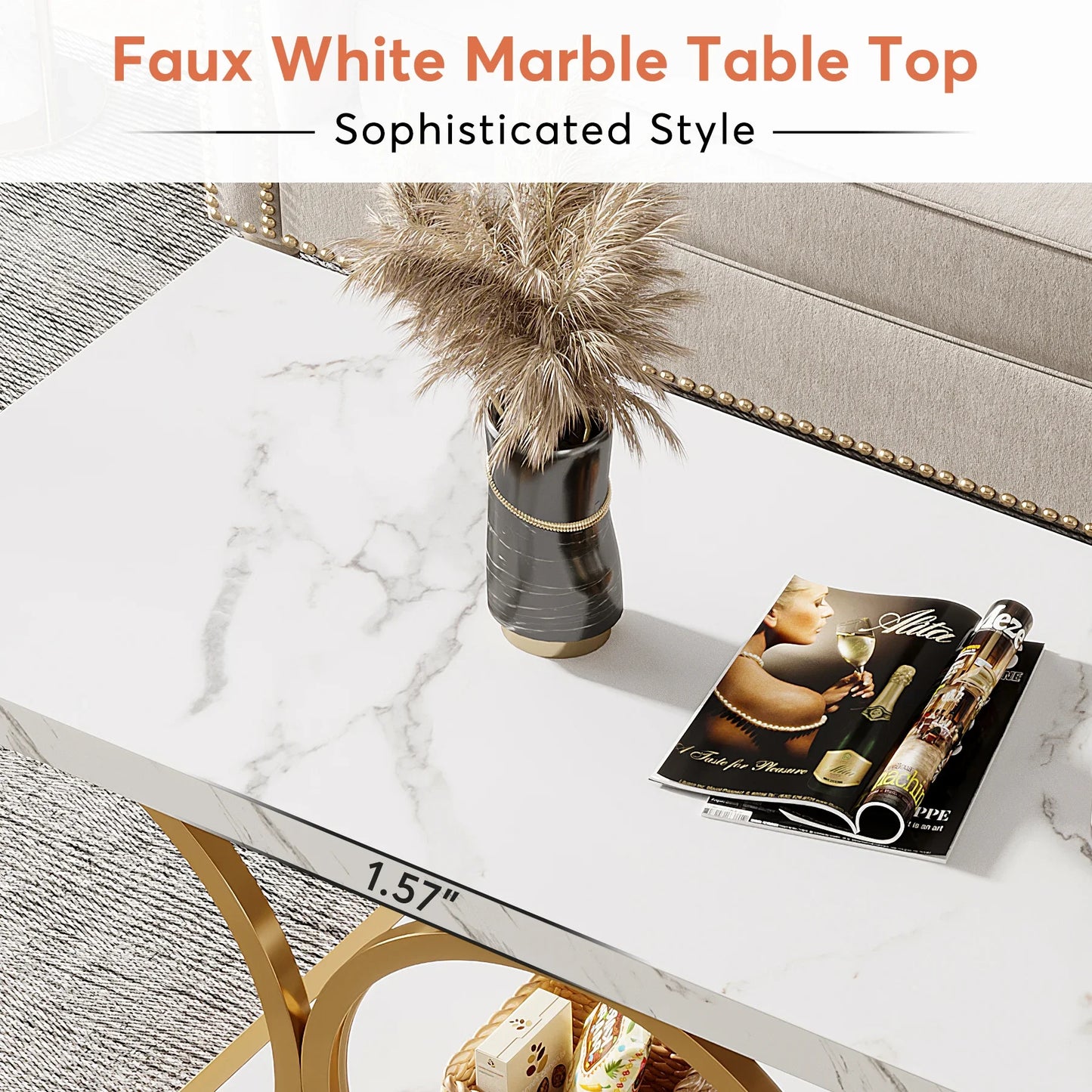 Tribesigns Rectangle Coffee Table Modern Two Tier Faux Marble Wood