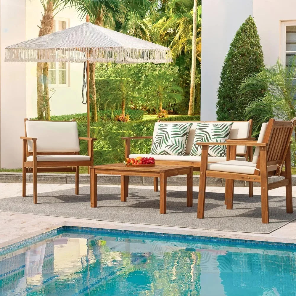 Acacia Wood Outdoor Patio Sofa Set With Table And Cushions