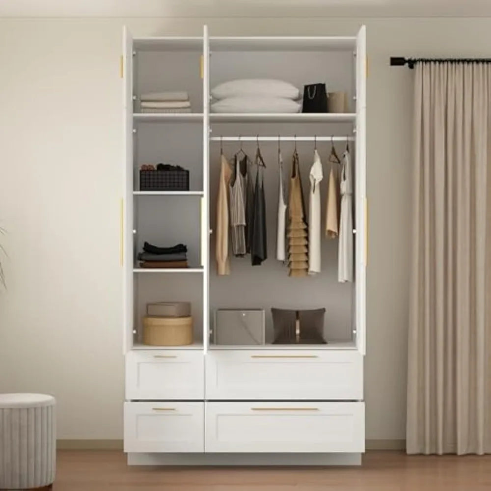 modern wooden wardrobe with mirror, hanging rod, shelves, and 4 drawers for bedroom storage