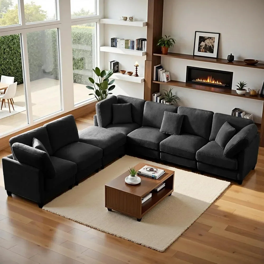 GUANGBAI Chenille Cloud L Shaped Sectional Sofa With Ottoman