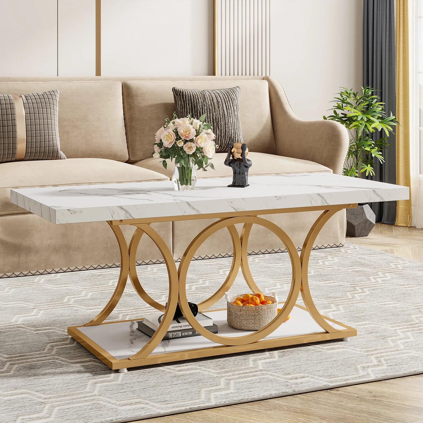 Tribesigns Rectangle Coffee Table Modern Two Tier Faux Marble Wood