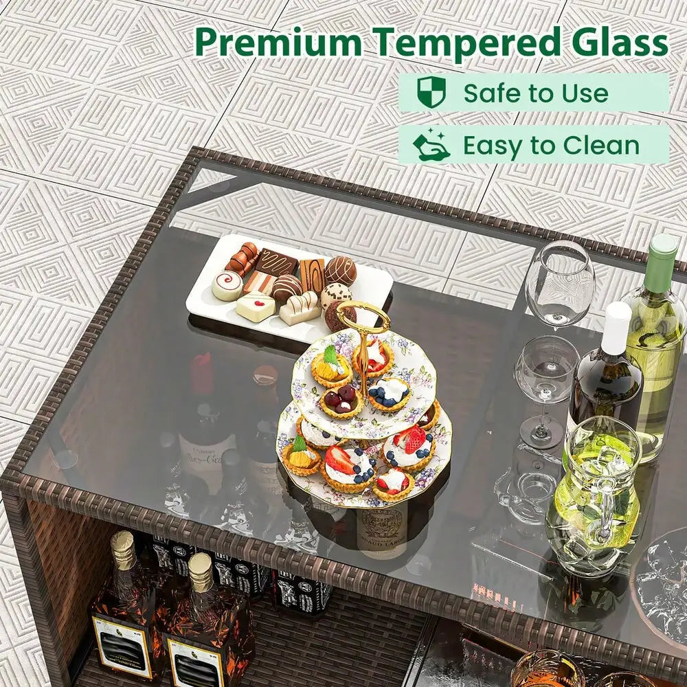 Three-Piece Outdoor Patio Bar Set with Wicker Table and Stools