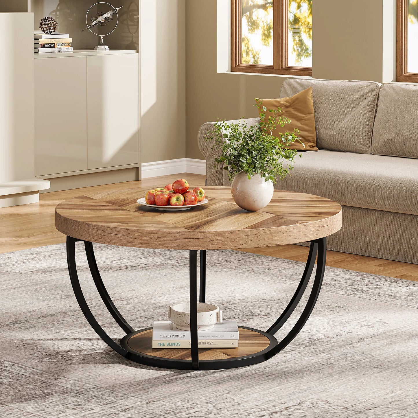 Tribesigns Round Coffee Table With Two Tier Storage Shelves