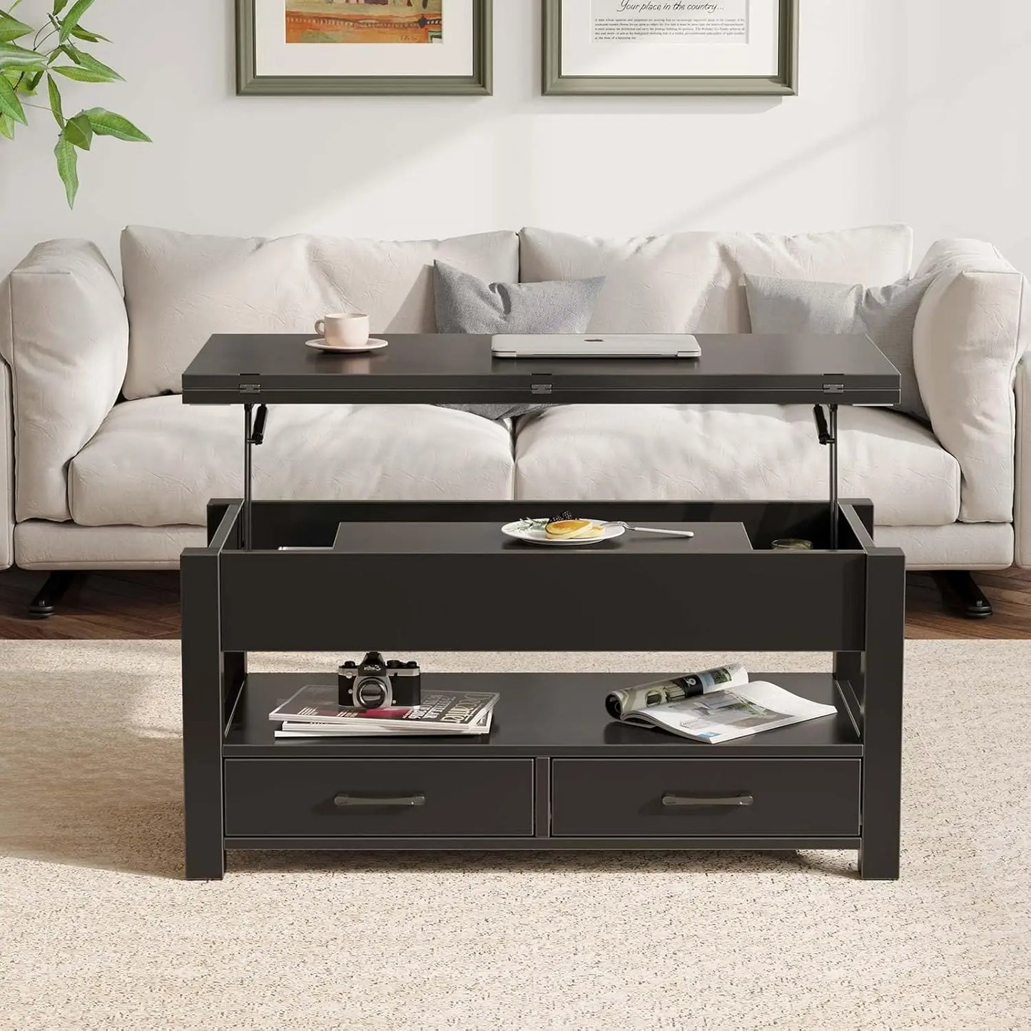 Convertible Lift-Top Coffee Table With Drawers And Hidden Storage