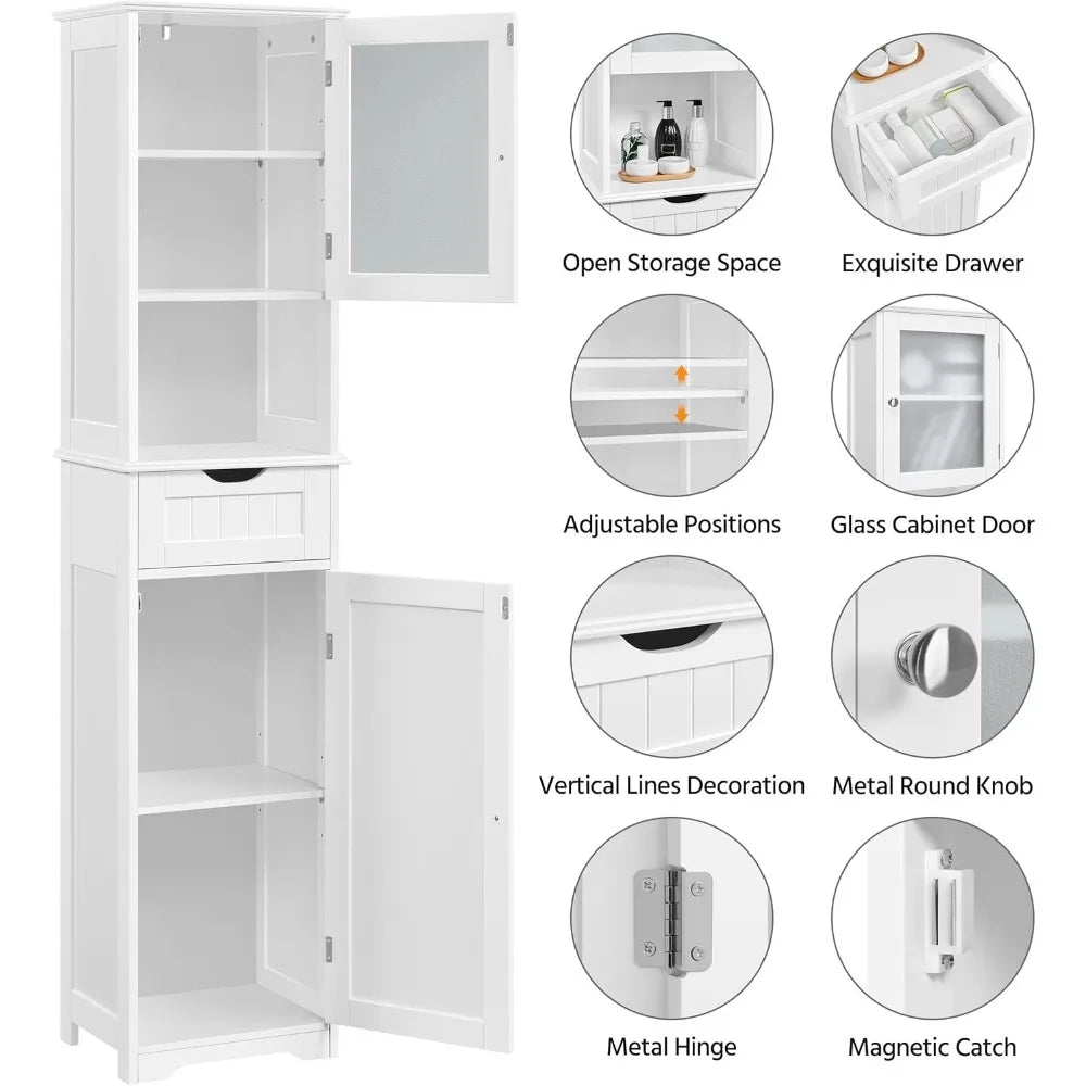 Freestanding Tall Bathroom Storage Cabinet with Glass Door and Adjustable Shelving