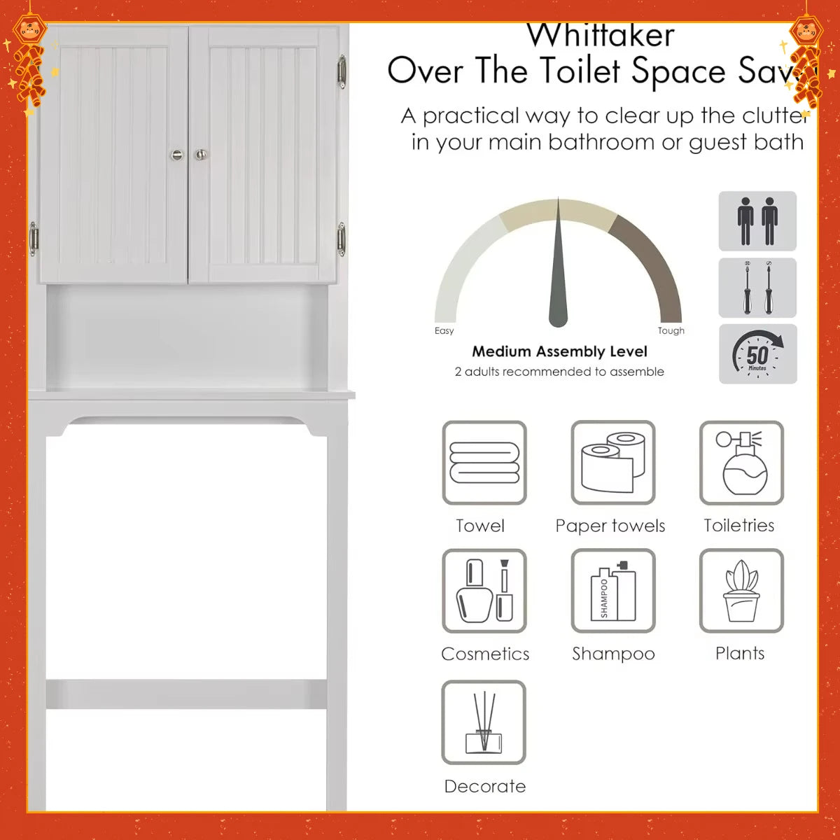 White Over-Toilet Storage Cabinet with Double Doors. Adjustable Shelf Organizer for Bathroom Space Saving.