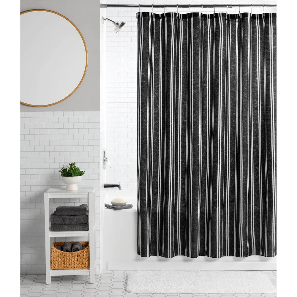 13 Piece Shower Curtain Set with Hooks Black White Pinstripes 72x72 Polyester Washable Bathroom Decor Easy Care