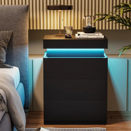 Nightstand With Wireless Charging And LED Lights Sliding Top Drawer