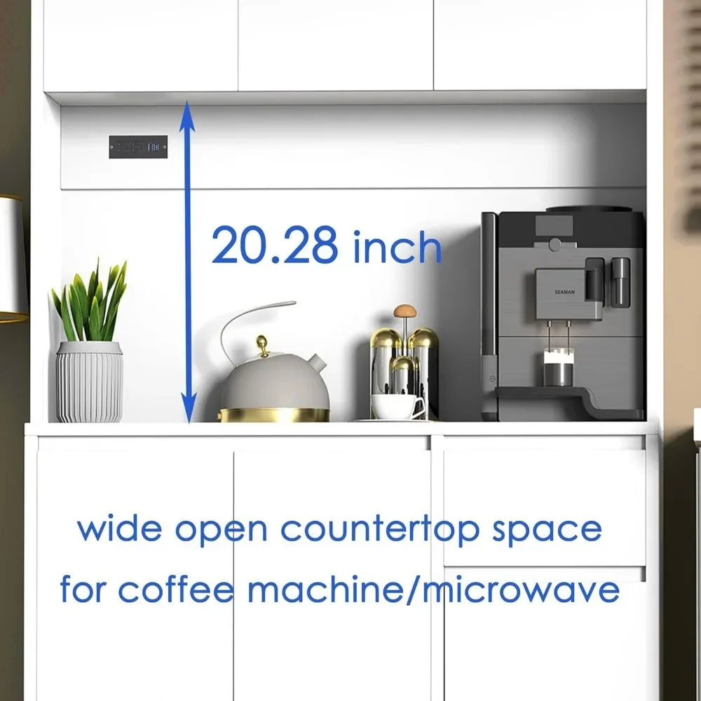 71" Tall White Kitchen Pantry Cabinet,Kitchen Pantry Storage Cabinet with Power Outlet,Freestanding Kitchen Hutch w/ countertop