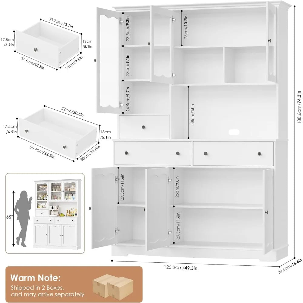 74" Pantry Cabinet with Storage, 49'' W Kitchen Pantry Storage Cabinet with Microwave Stand, Kitchen Hutch Cupboard with Drawers