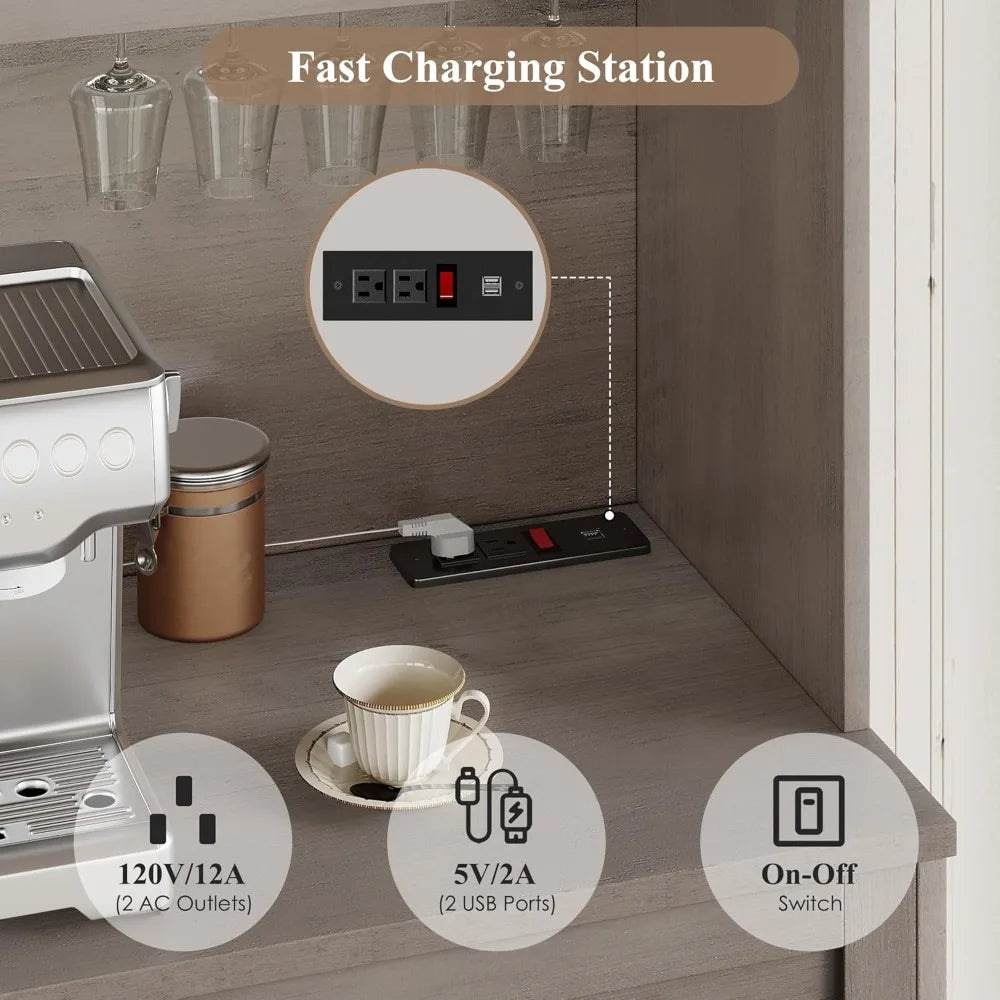 Tall Modern White Kitchen Pantry Cabinet with Charging Station, Microwave Stand, and Wine Rack