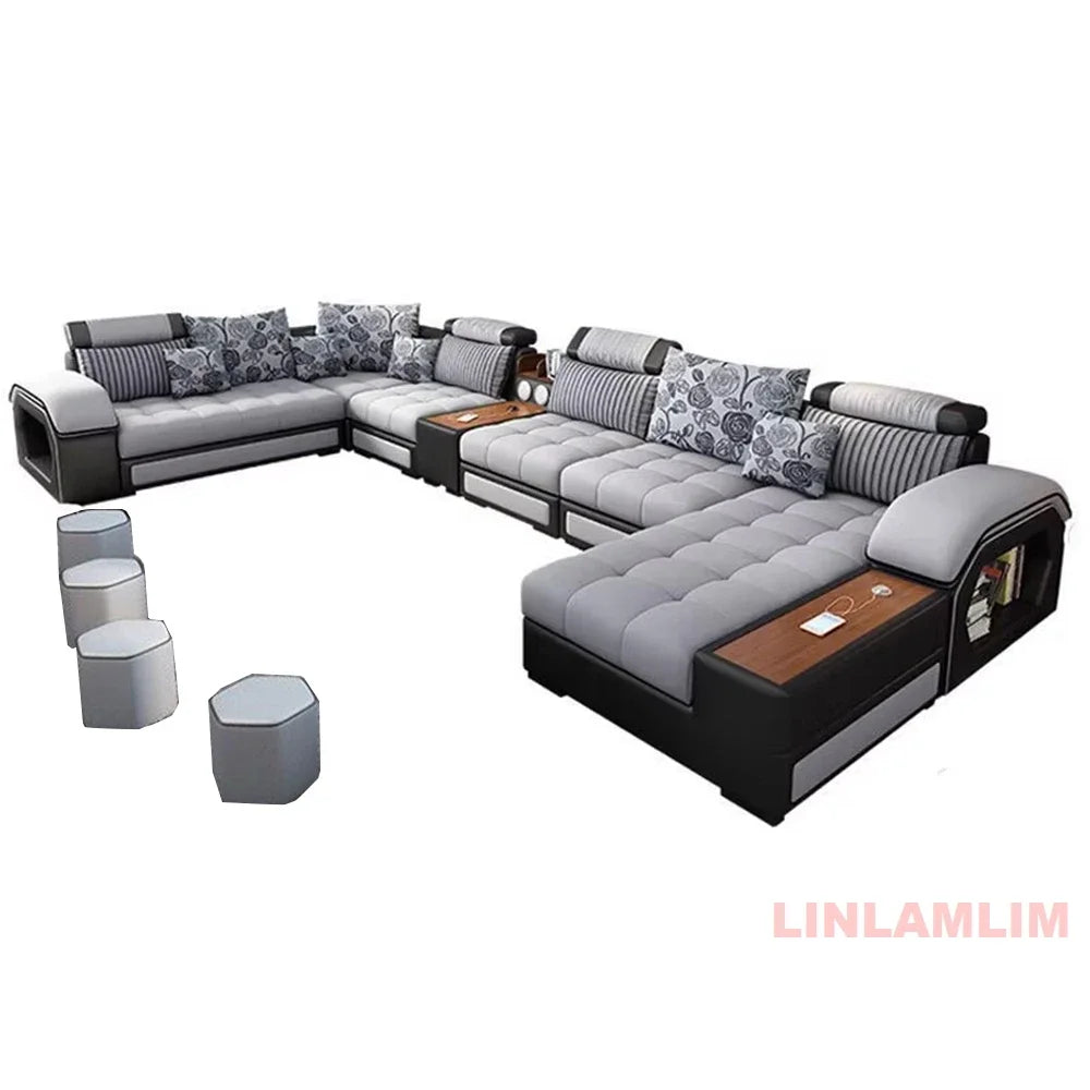 MANBAS U Shaped Fabric Sofa Set With Storage And USB