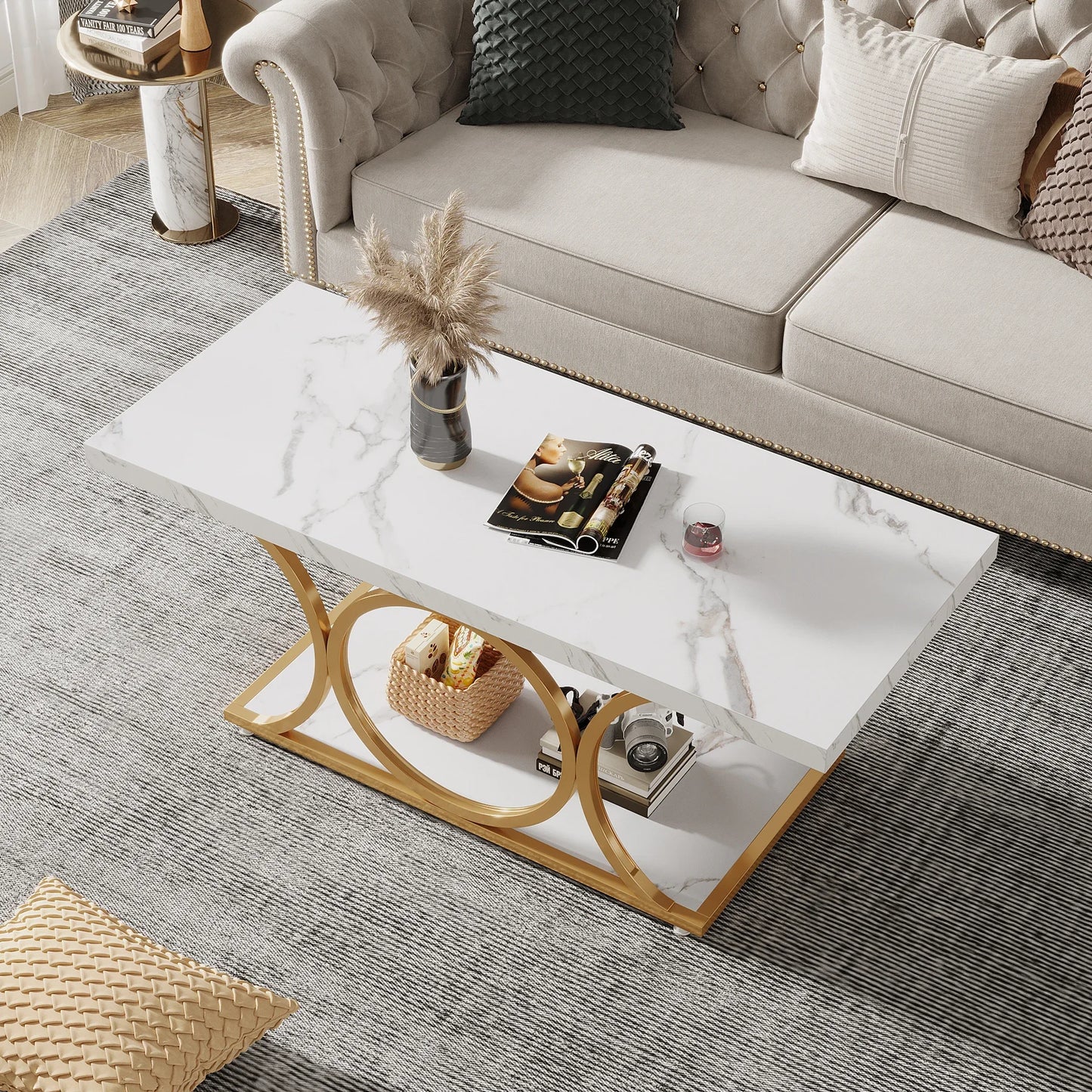 Tribesigns Rectangle Coffee Table Modern Two Tier Faux Marble Wood