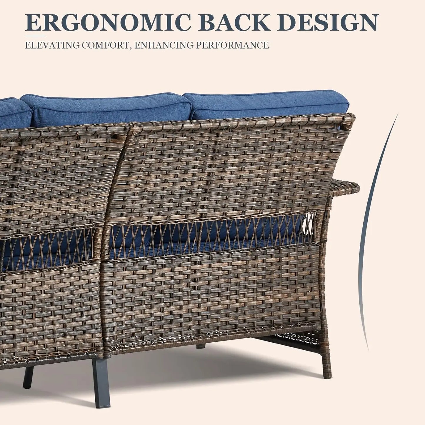 Outdoor Wicker Sofa Set with Two Ottomans and Blue Cushions for Patio, Garden, Balcony, Sunroom, and Backyard