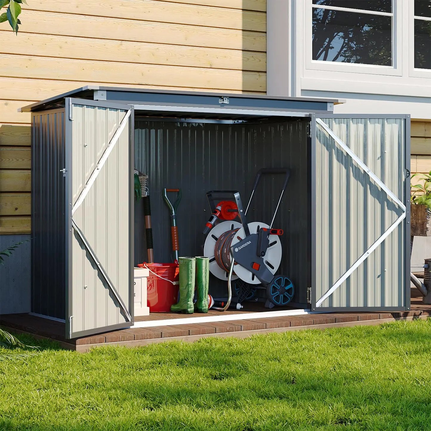 Metal Outdoor Storage Shed Chain Lid Waterproof Garbage Can Organizer For 2 Bins