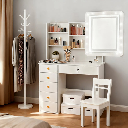 Simple Modern Makeup Vanity With LED Mirror And Storage Shelves