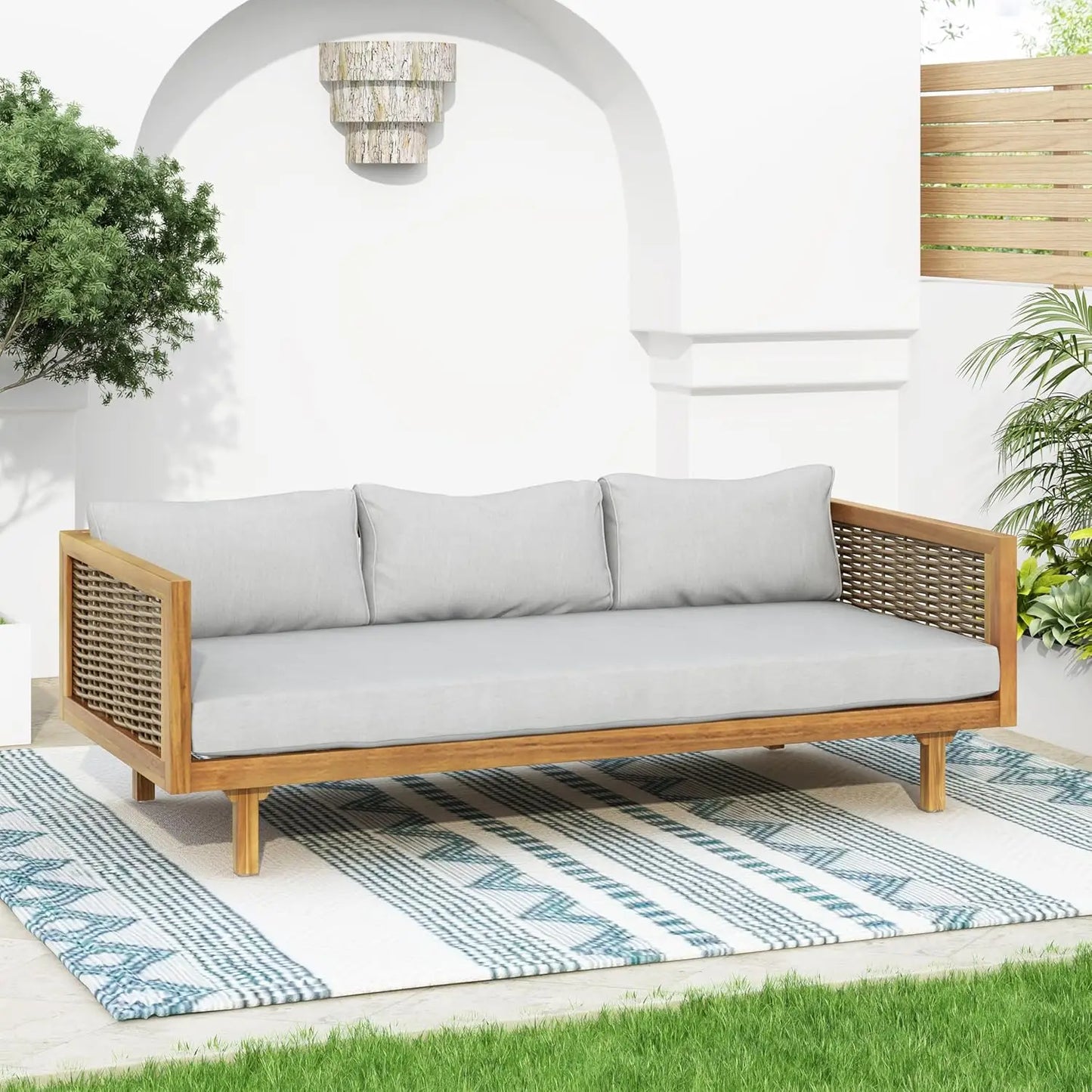 Rattan Arms Outdoor 3 Seat Sofa Patio Furniture Set with Cushions Wood Frame Outdoor Couch for Garden Poolside