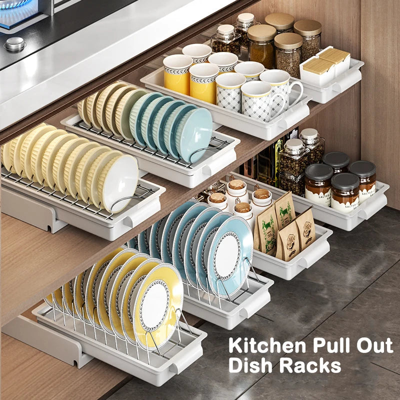None Kitchen Pull Out Dish Rack With Drainboard Cabinet Organizer