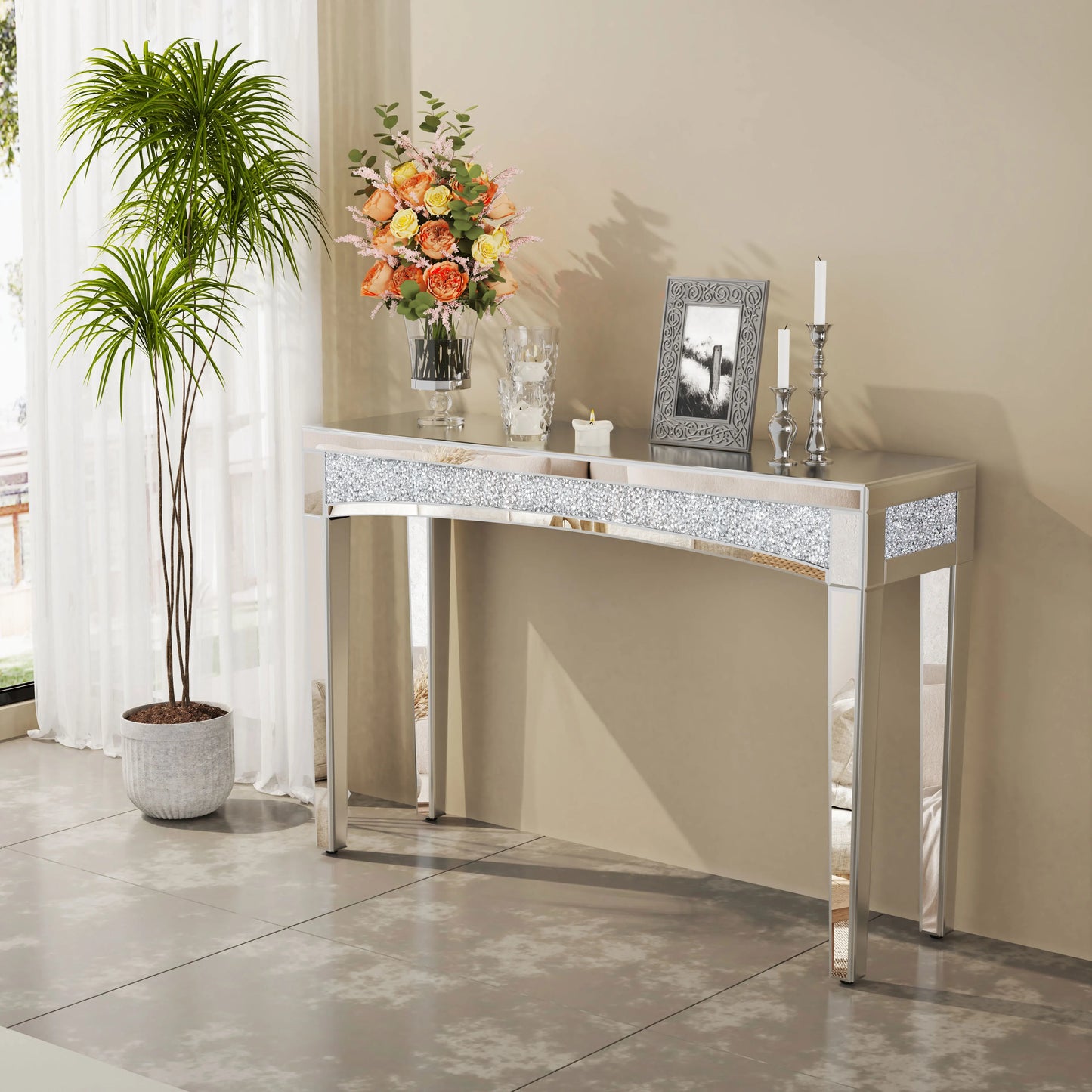 Wisfor Mirrored Desk Console Table With Crystal Inlay
