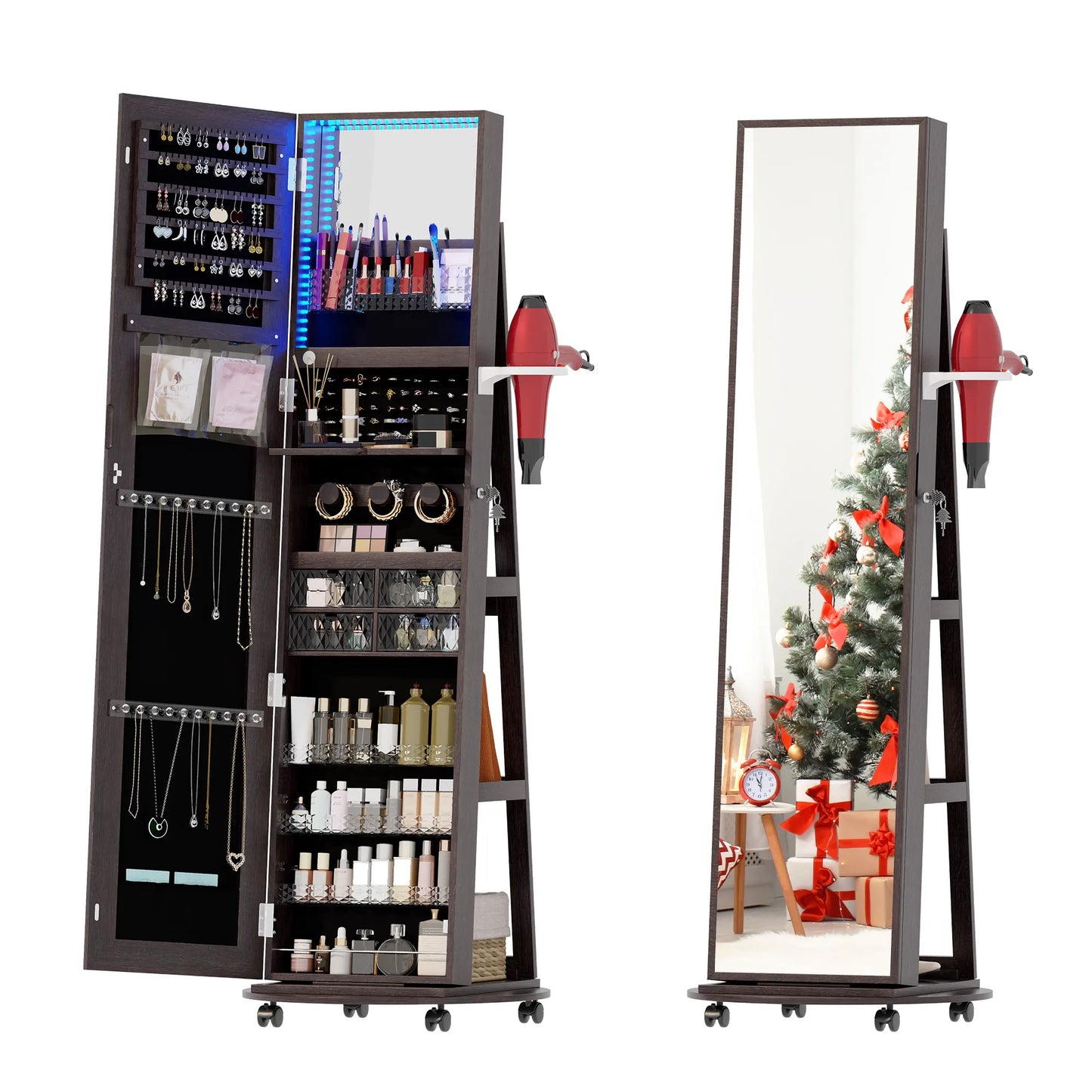 Full Length Mirror with Jewelry Storage, 360° Rotating Jewelry Armoire Organizer with Lights, Lockable Mirror Jewelry Cabinet