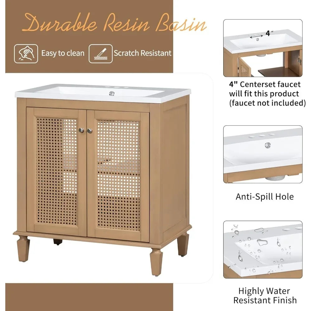 Boho Bathroom Vanity With Sink Rattan Front Panels Drawer