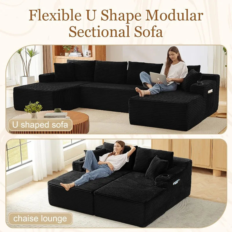 U Shaped Modular Sleeper Sofa Storage Pockets And Cup Holders