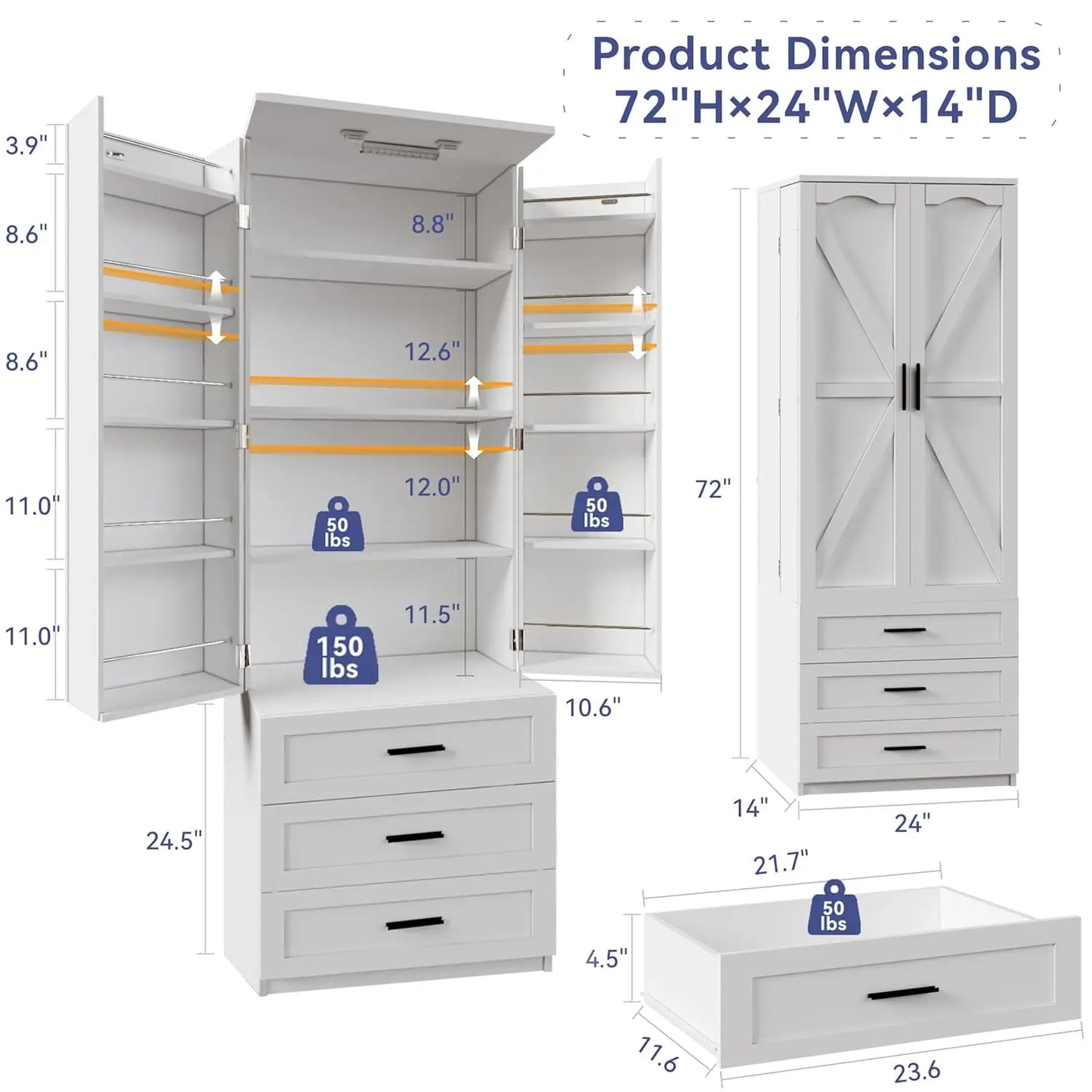 Chengwei Farmhouse Pantry Cabinet With Barn Doors Three Drawers