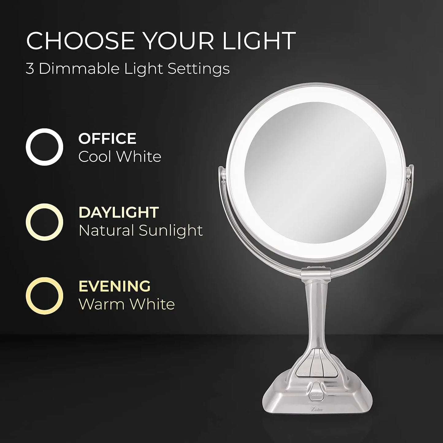 9" Round Dimable 3 LED Light Color Dual-Sided Magnified Makeup Mirror, Touch Dimmer Control (Satin Nickel, 10X/1X)