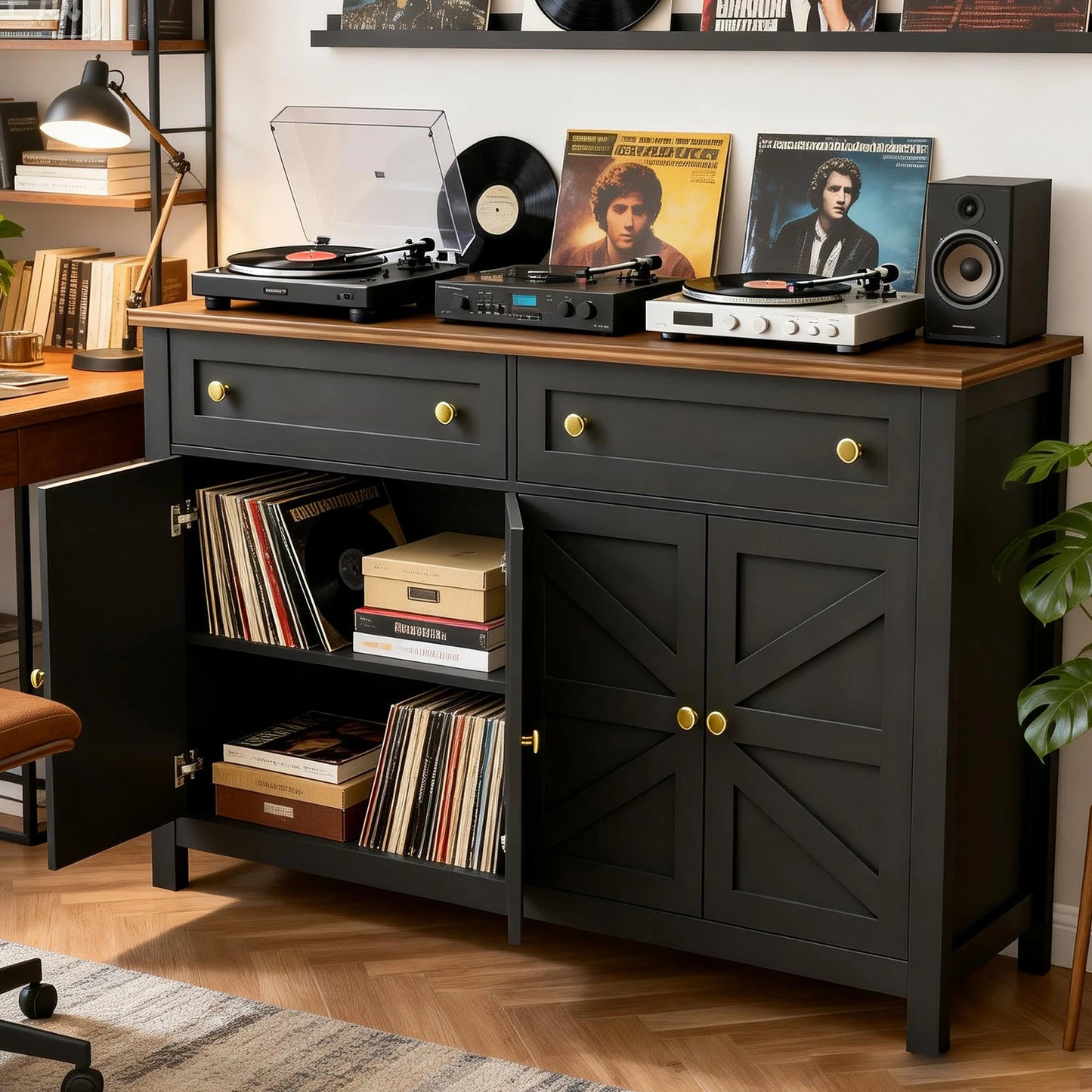 Modern Farmhouse Dining Sideboard Buffet Cabinet With 2 Drawers 4 Doors