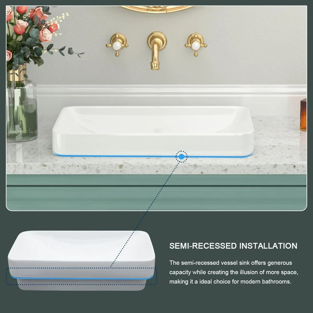 Vessel Sink-Beslend Bathroom Semi Recessed Sinks 19x12 Rectangular White Ceramic Modern Vessel Sinks Bath Wash Sink Bowl Vanity