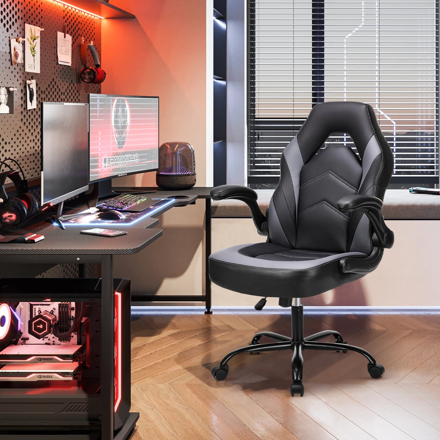 JHK Ergonomic Gaming Office Chair With Adjustable PU Leather Armrests