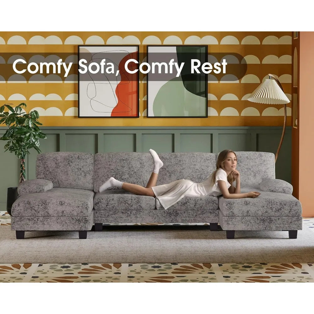Linen U-Shaped Sectional Sofa Set With Double Chaise For Living Room