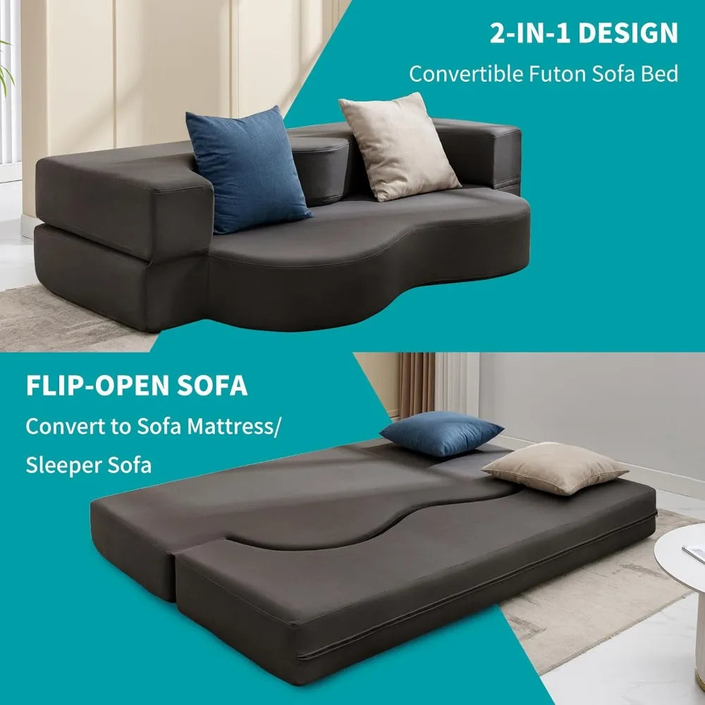 Queen Size Folding Sofa Bed, Futon Sofa Couch with Faux Leather, Convertible Sofá Sleeper Bed with Memory Foam, Foldable