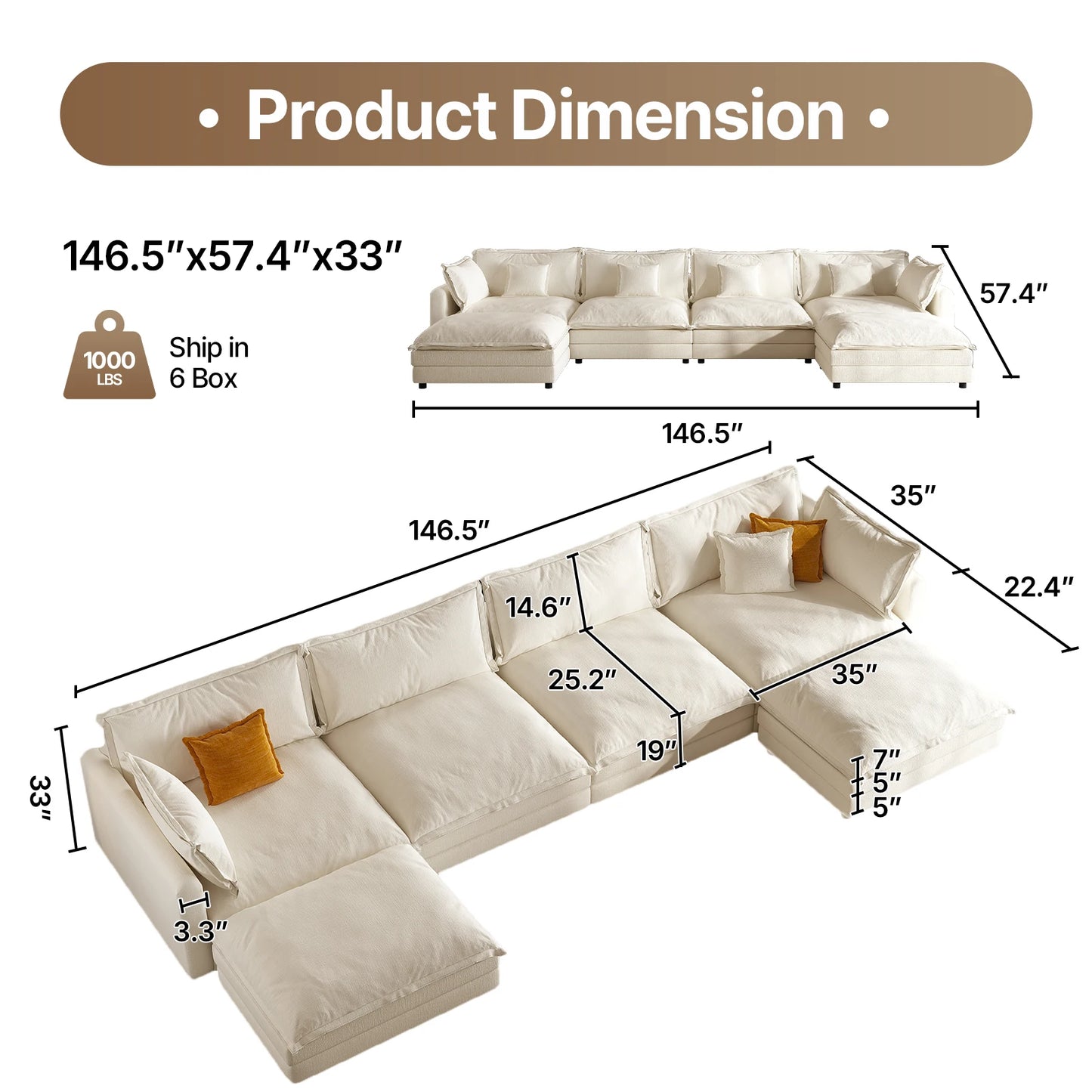 QWCCN L Shaped Modern Chenille Sofa Sectional With Ottoman