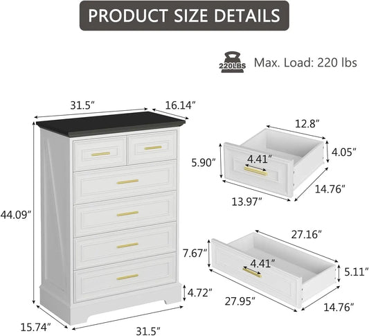 Hign-concerned Chemical White Six Drawer Dresser Farmhouse
