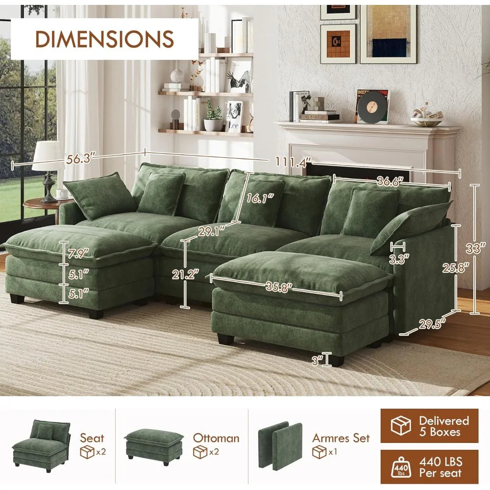 U Shape Modular Sectional Chenille Sofa With Two Movable Ottomans