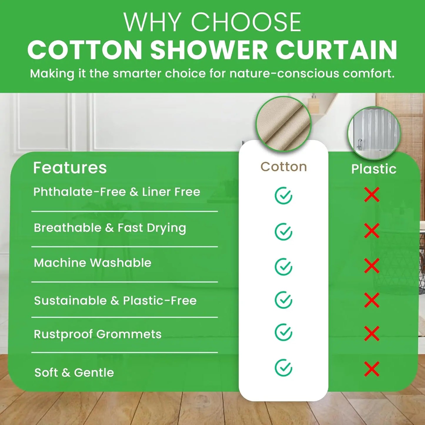 Natural Cotton Shower Curtain Liner Eco Friendly Washable Breathable