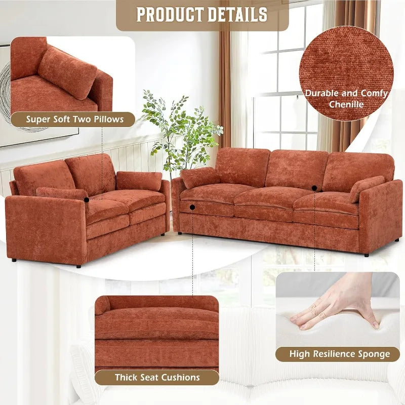 Chenille Couch Set 2 Piece With Well Filled Pillows Backrests