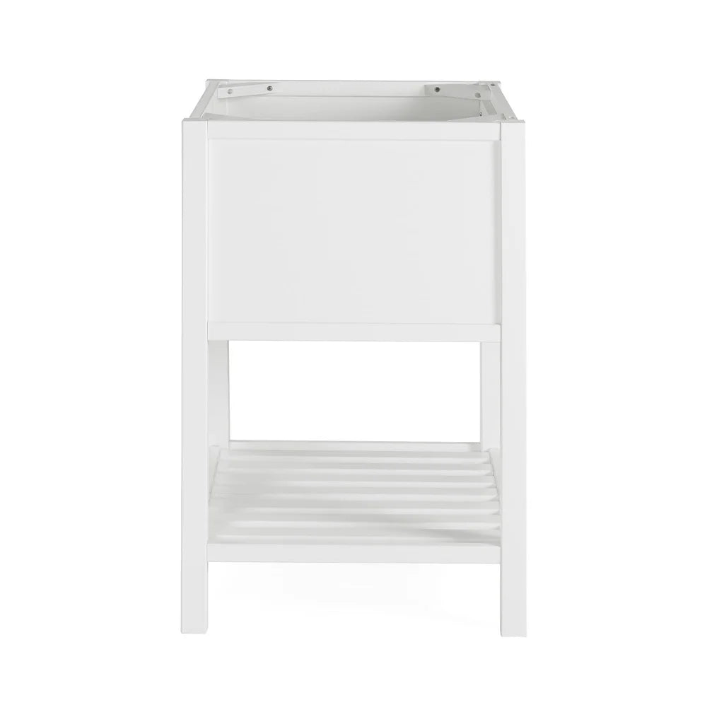 Timeless 24 Inch Vanity Cabinet Solid Pine Soft Close Drawers Nickel Hardware Space Saving Design Open Shelf Bathroom Upgrade