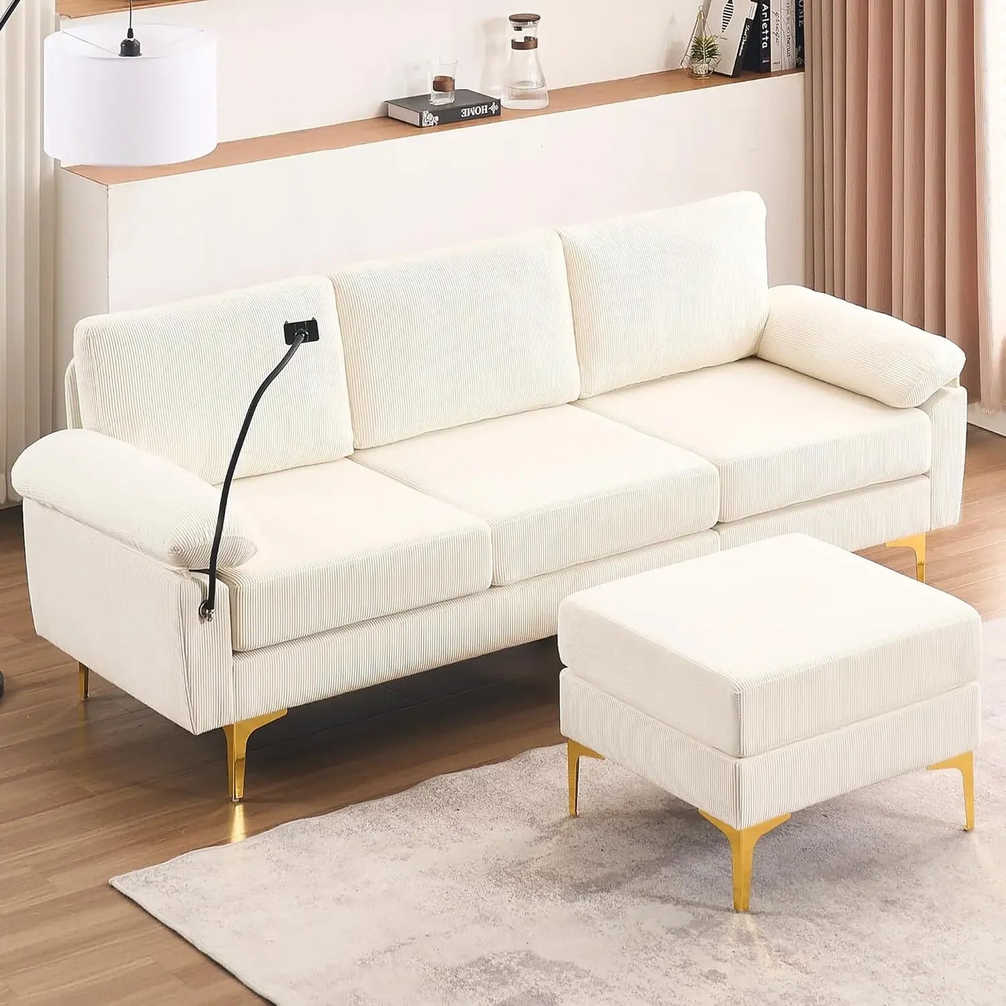 U-Shaped Corduroy Convertible Sofa Set With Lounge Chair And Footstool