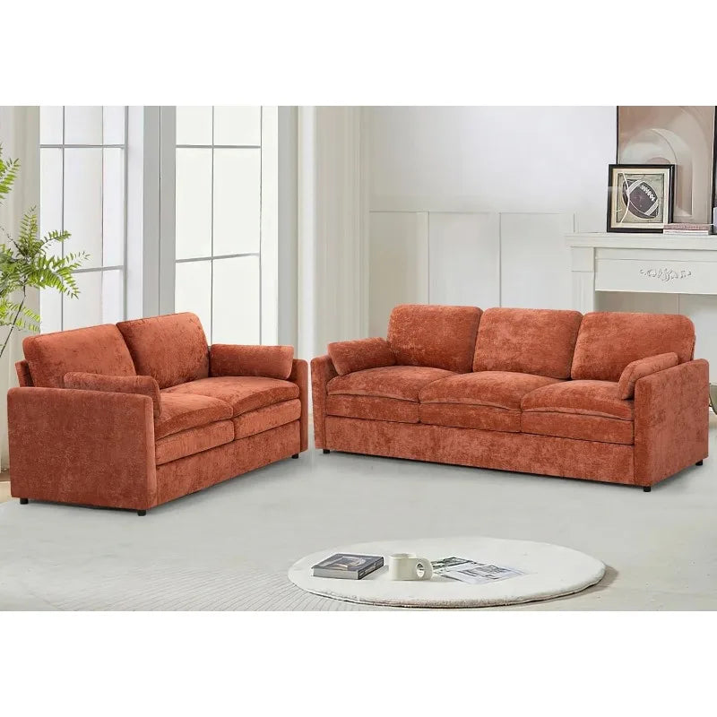 Chenille Couch Set 2 Piece With Well Filled Pillows Backrests