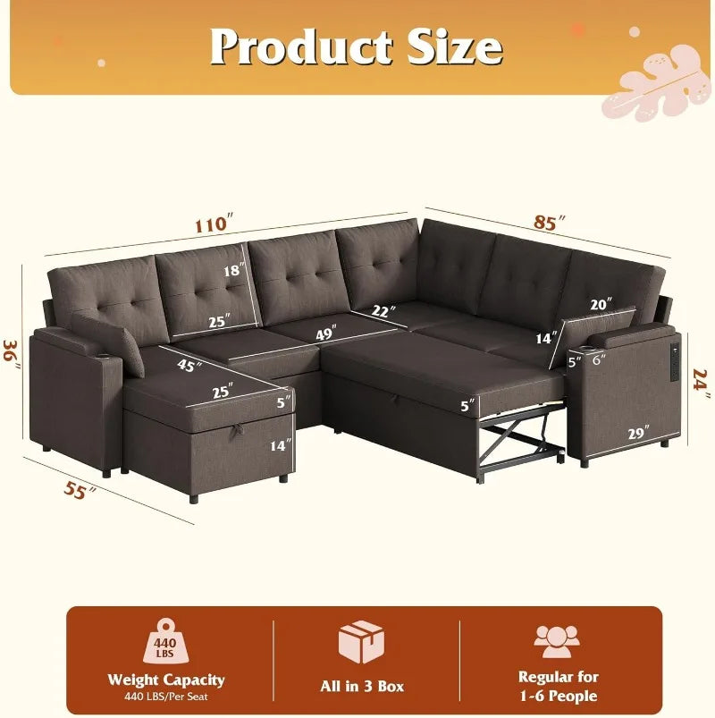 U Shape Sectional Sofa With Storage Chaise And Sleeper
