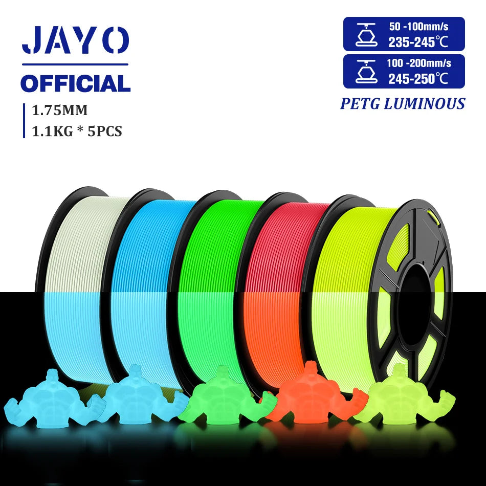 JAYO PLA Filament 1.75mm Glow in the Dark PETG 3D Printer Filament 1.1KG Neatly Wound Luminous 3D Printing Material For FDM