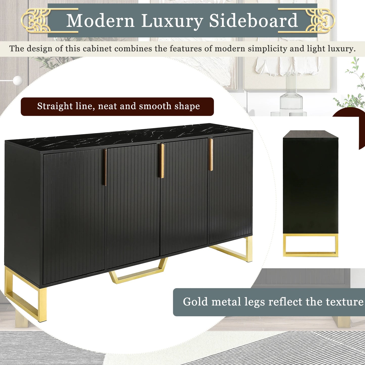 Modern Four Door Sideboard With Metal Handles And Adjustable Shelves