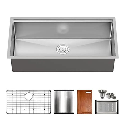 36" Undermount Kitchen Sink Stainless Steel Single Bowl Integrated Ledge and Accessories Included Deep Large Capacity Quiet