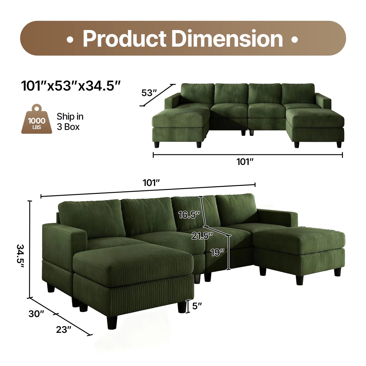 QWCCN Corduroy U Shape Sectional Sofa With Ottomans