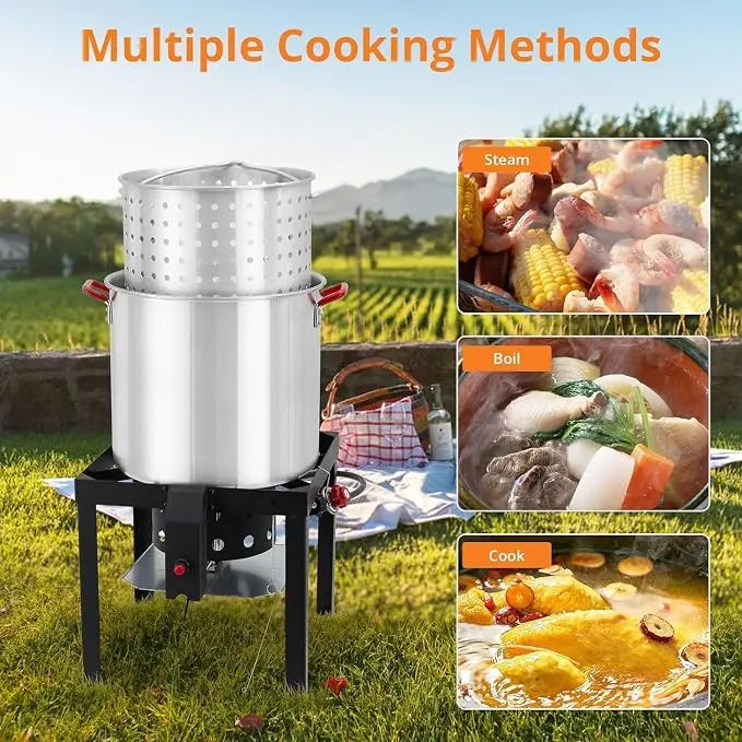HiMISS Aluminum Seafood Boil Pot Kit With Burner And Strainer