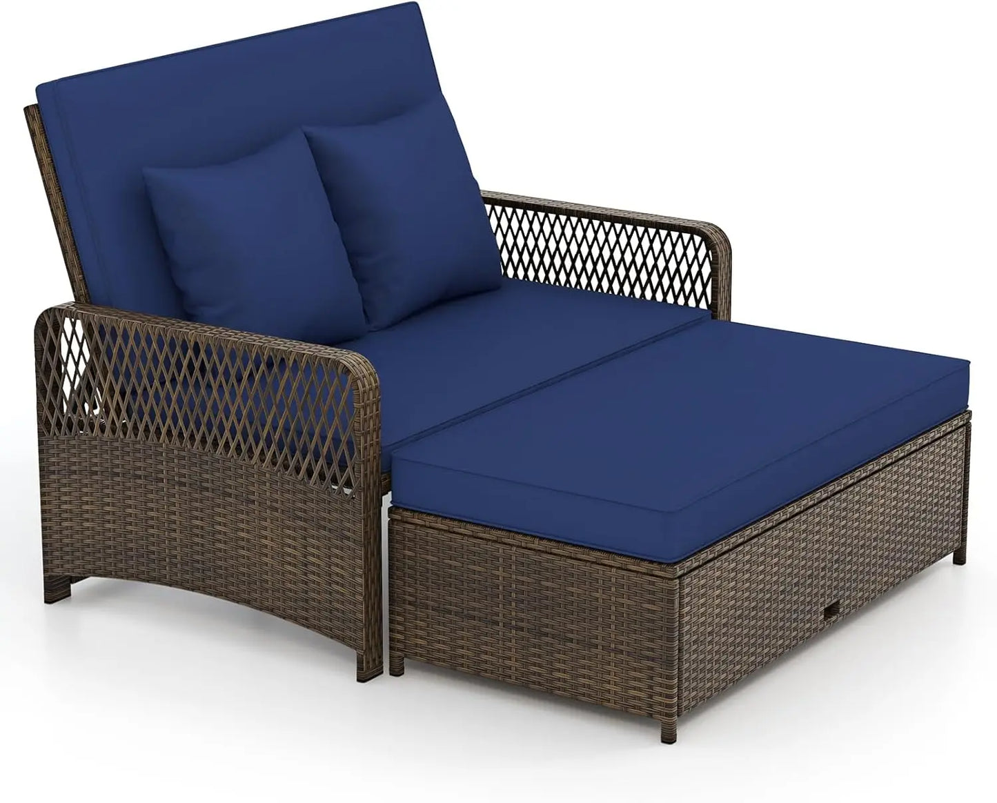 Patio Adjustable Wicker Daybed, Rattan Loveseat & Storage Ottoman w/ 4-Level Backrest & Soft Cushions, Space-Saving 2-Person Su