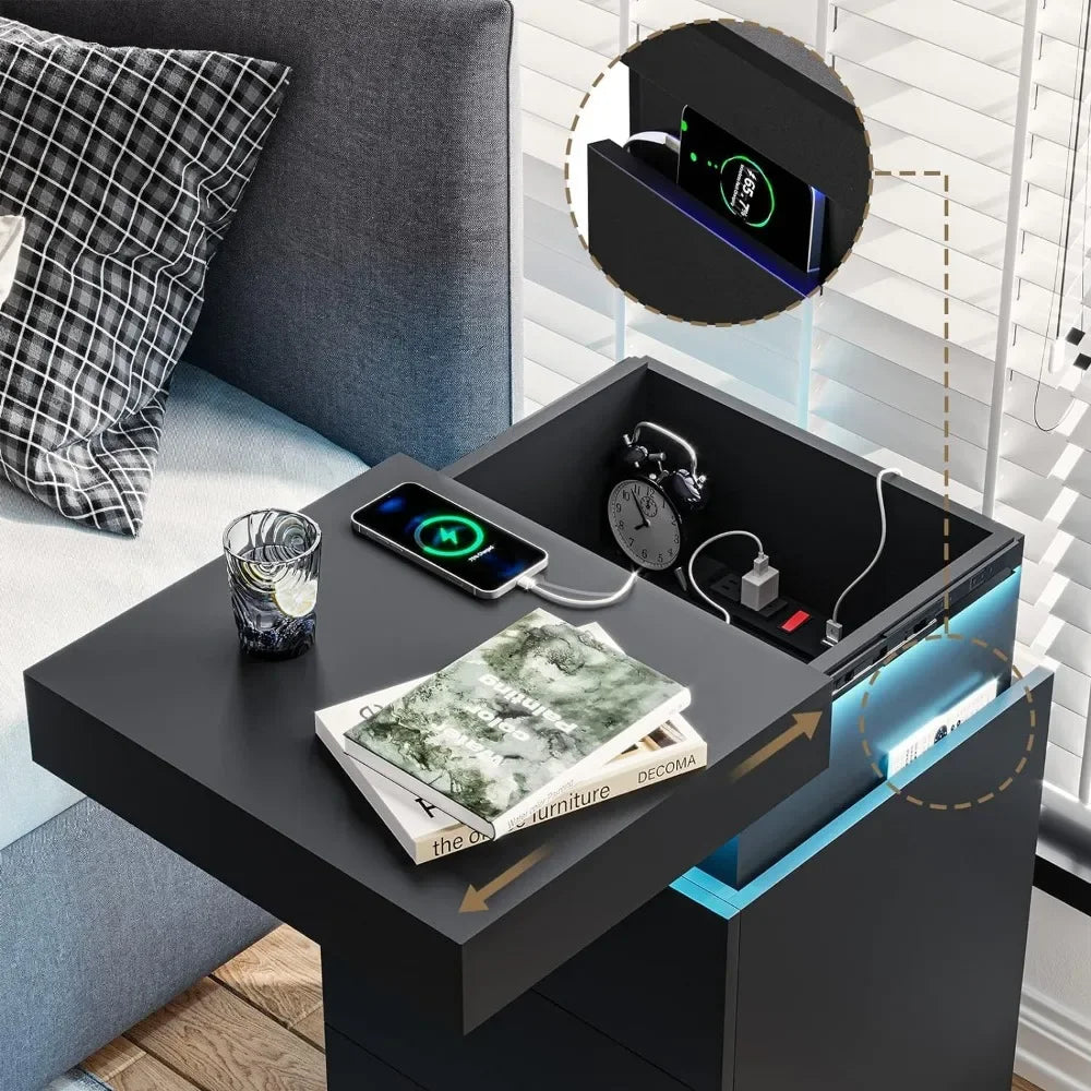 ANGDUO Nightstand With Charging Station And LED Lights